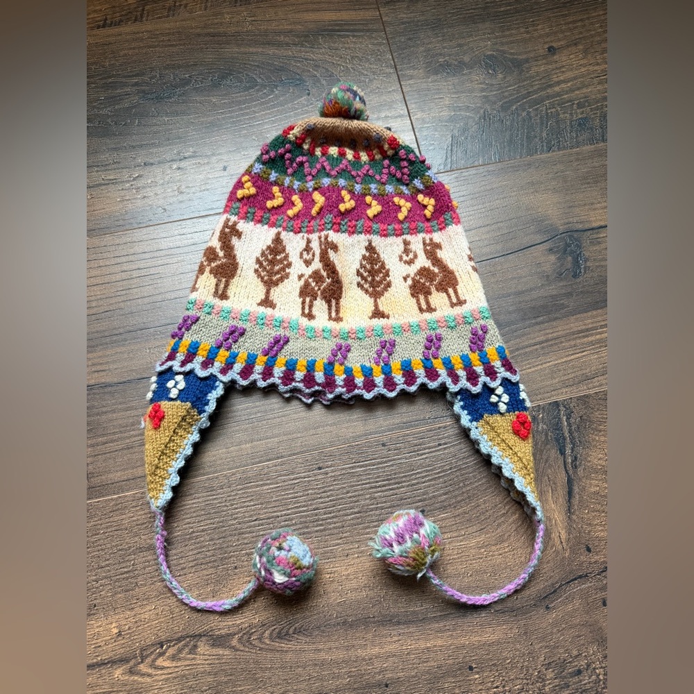 Hand-Knit Peruvian Wool Chullo Hat Llama & Andean Motif Ear Flap Beanie